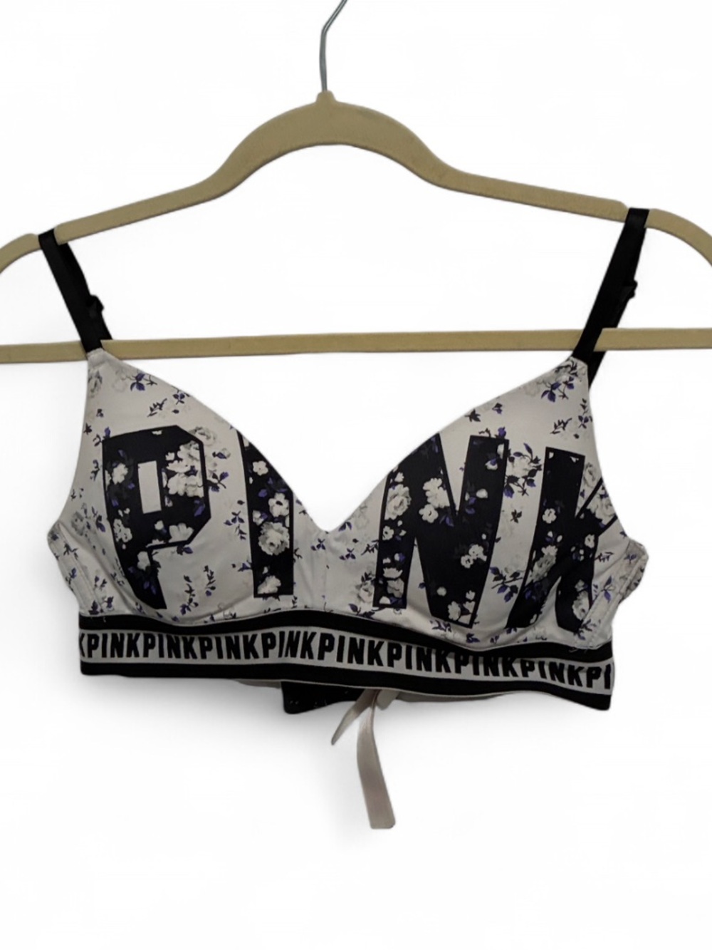 PINK Victoria's Secret Cream Floral Logo Bralette with Black Accents